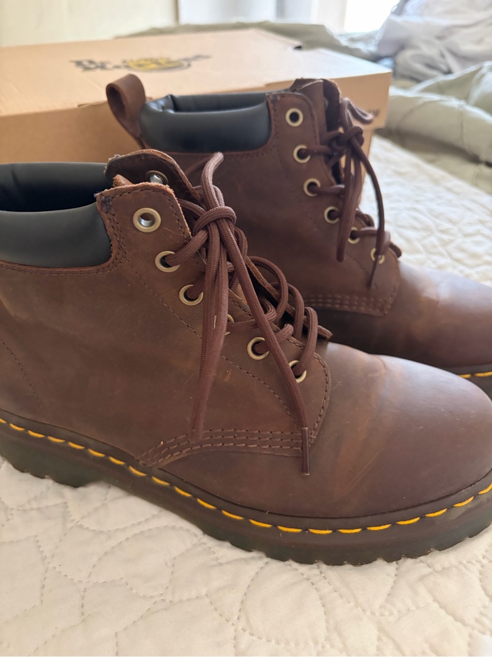 Dr. Martens Brown Leather Lace-Up Ankle Boots with Yellow Stitching